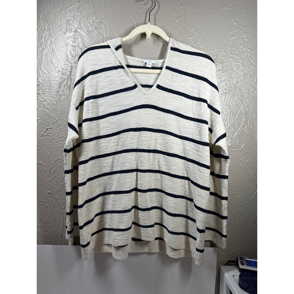 J. Jill Cream Striped Relaxed Hooded Sweater Top V Neck Womens Size Medium